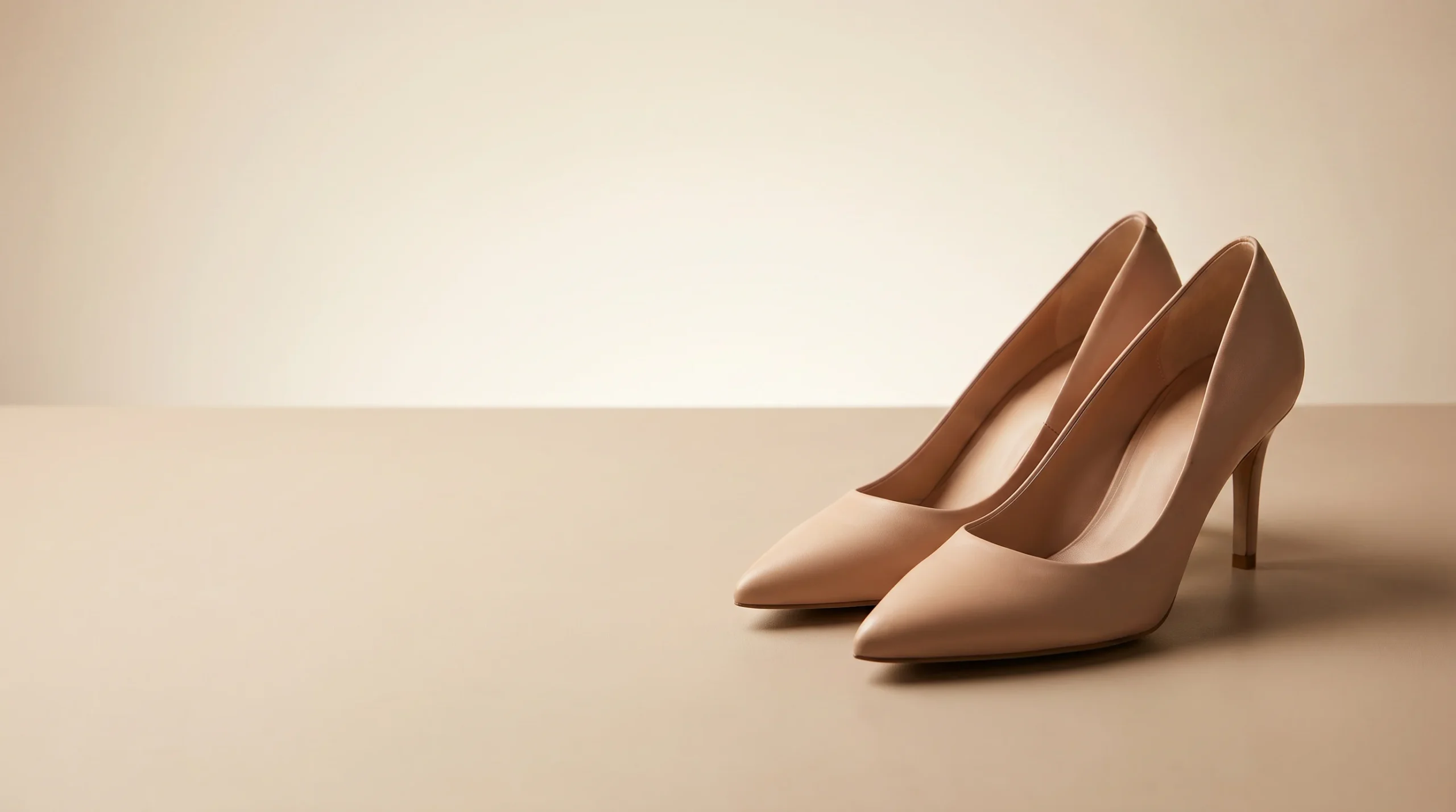 Classic nude pointed-toe high heel pumps on a smooth beige background