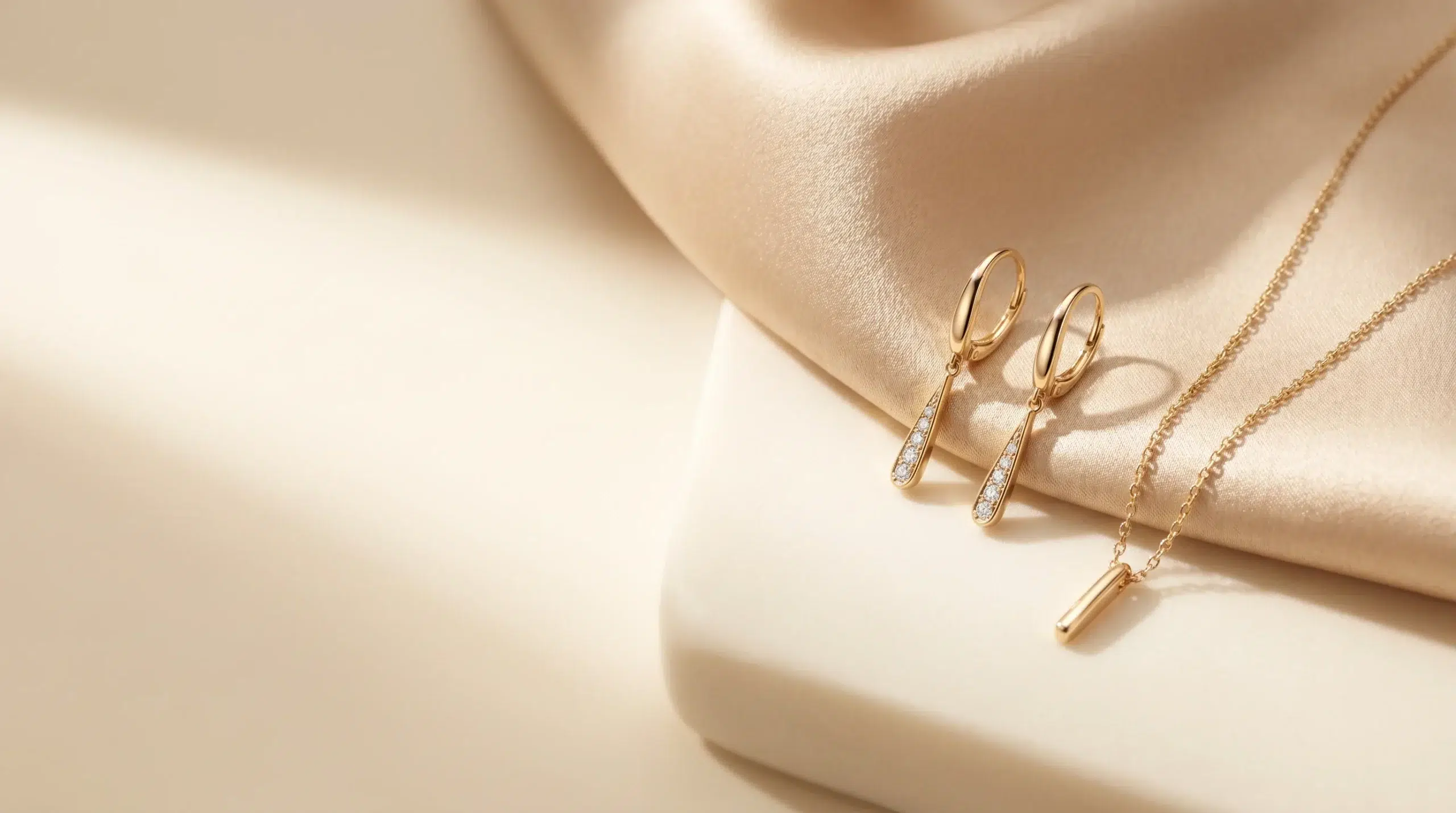 Delicate gold diamond accented drop earrings and pendant necklace