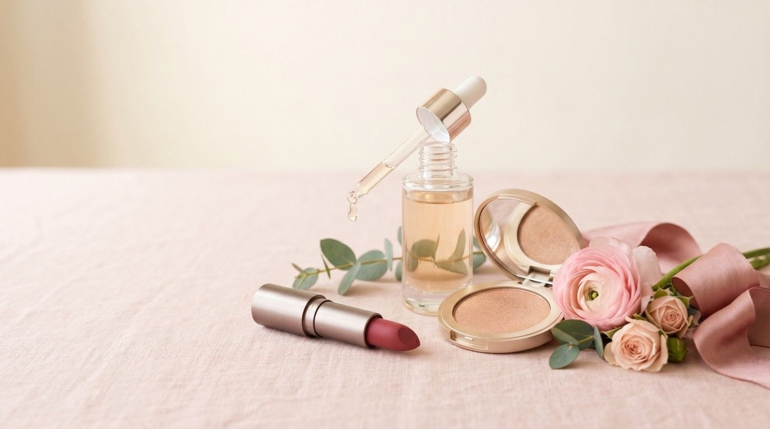 Beauty essentials including skincare serum, lipstick, and highlighter