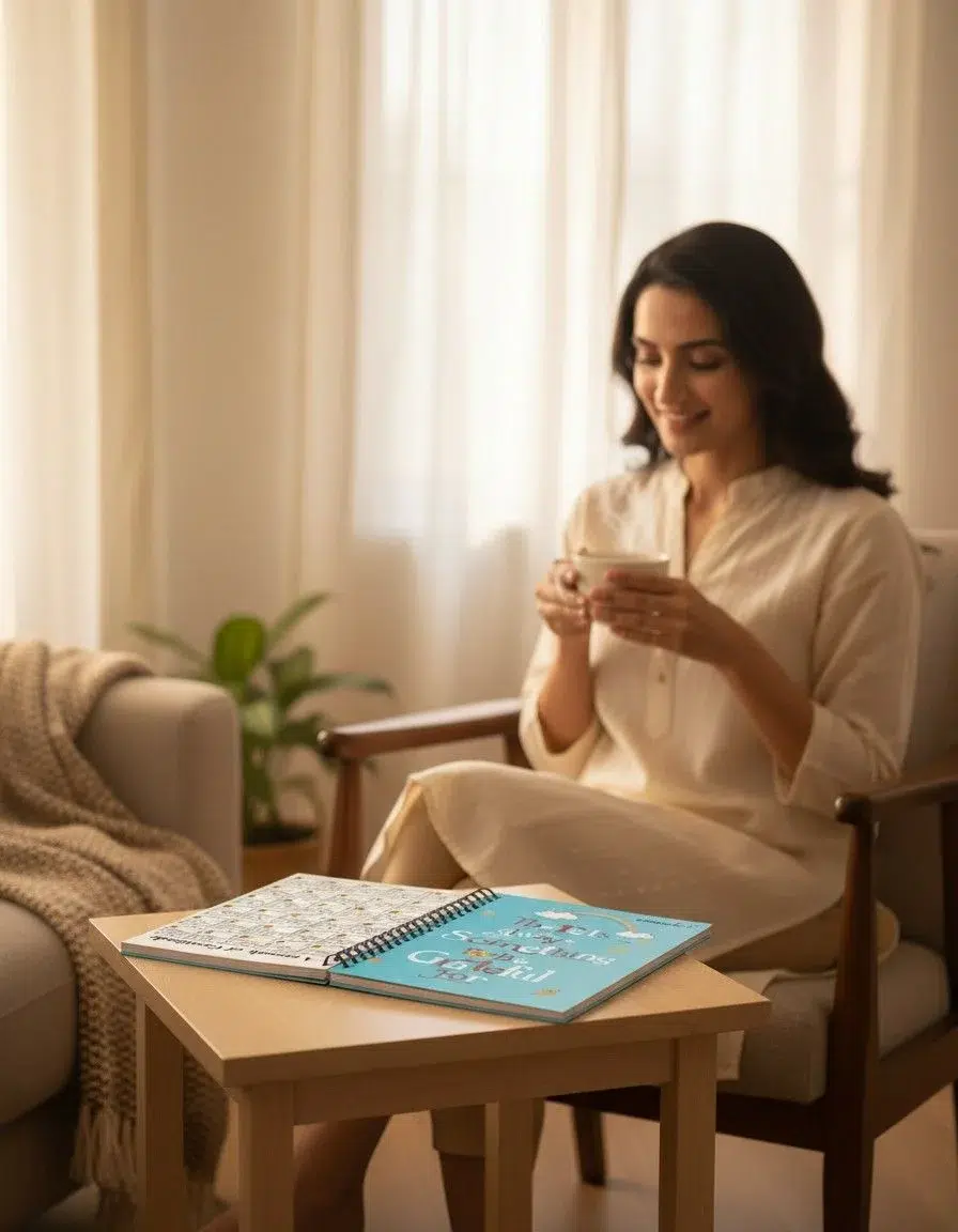 PamperBug daily gratitude journal India open on a side table during a morning chai ritual — KapdeWali