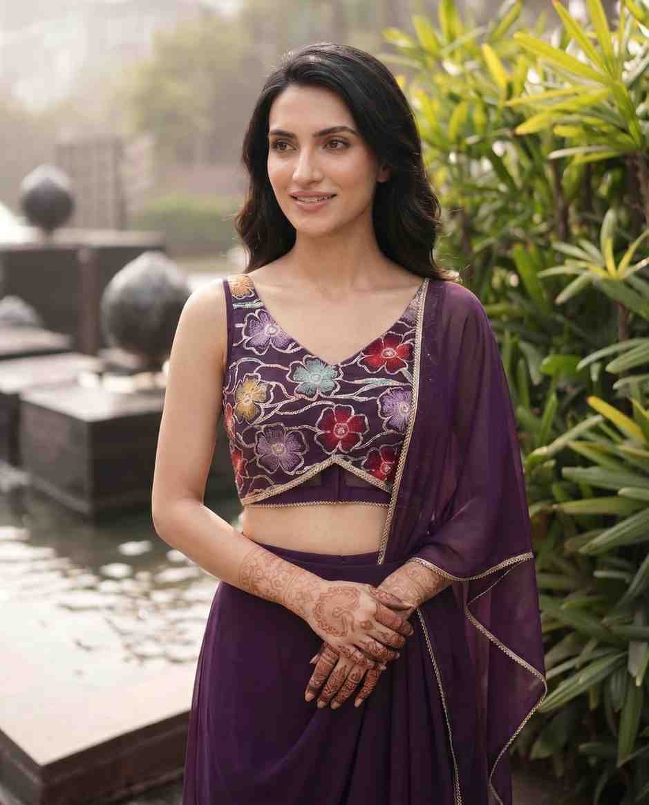 Trishika Vaidya with mehndi hands clasped wearing the QISSA burgundy pre-draped farewell saree by a lily pond for KapdeWali