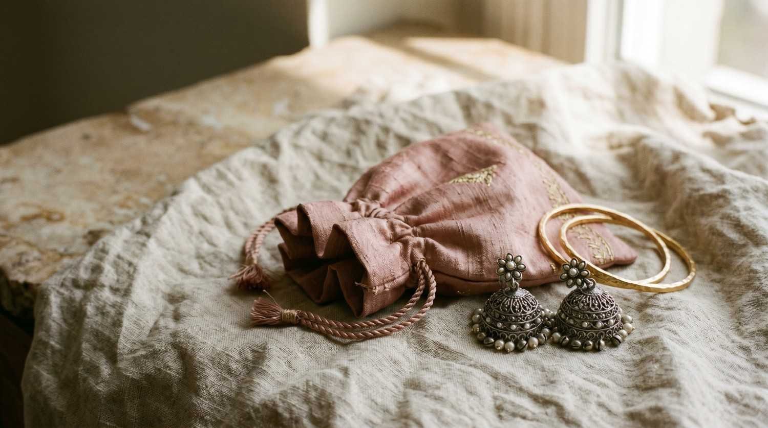 Indian jewellery, jhumkas, potli bags, and bangles