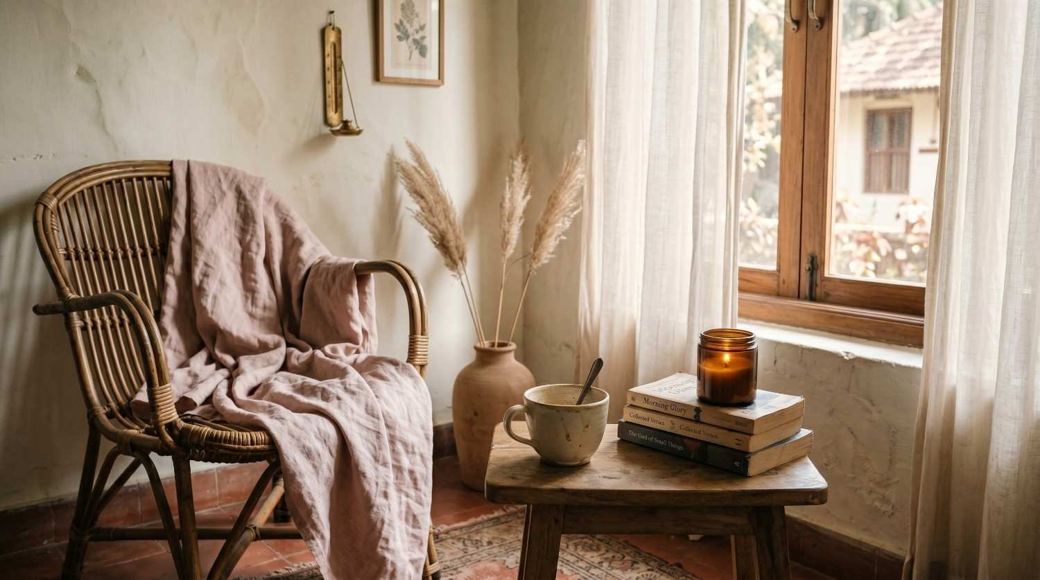 Soft living decor in a cozy reading corner