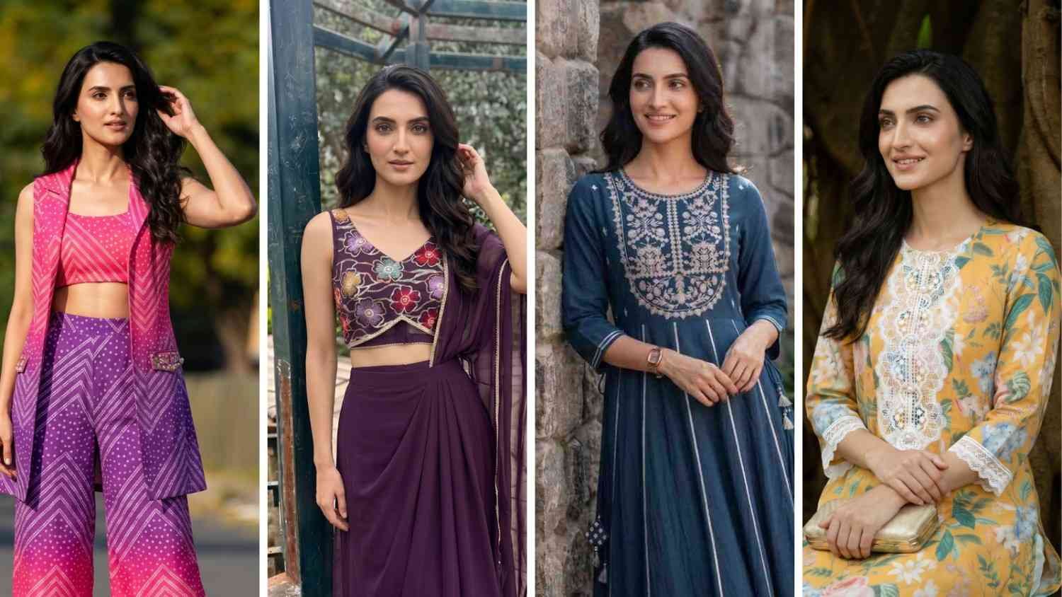KapdeWali stylist Trishika Vaidya in four Indian ethnic looks — bandhani co-ord, draped saree, blue anarkali and yellow floral kurta
