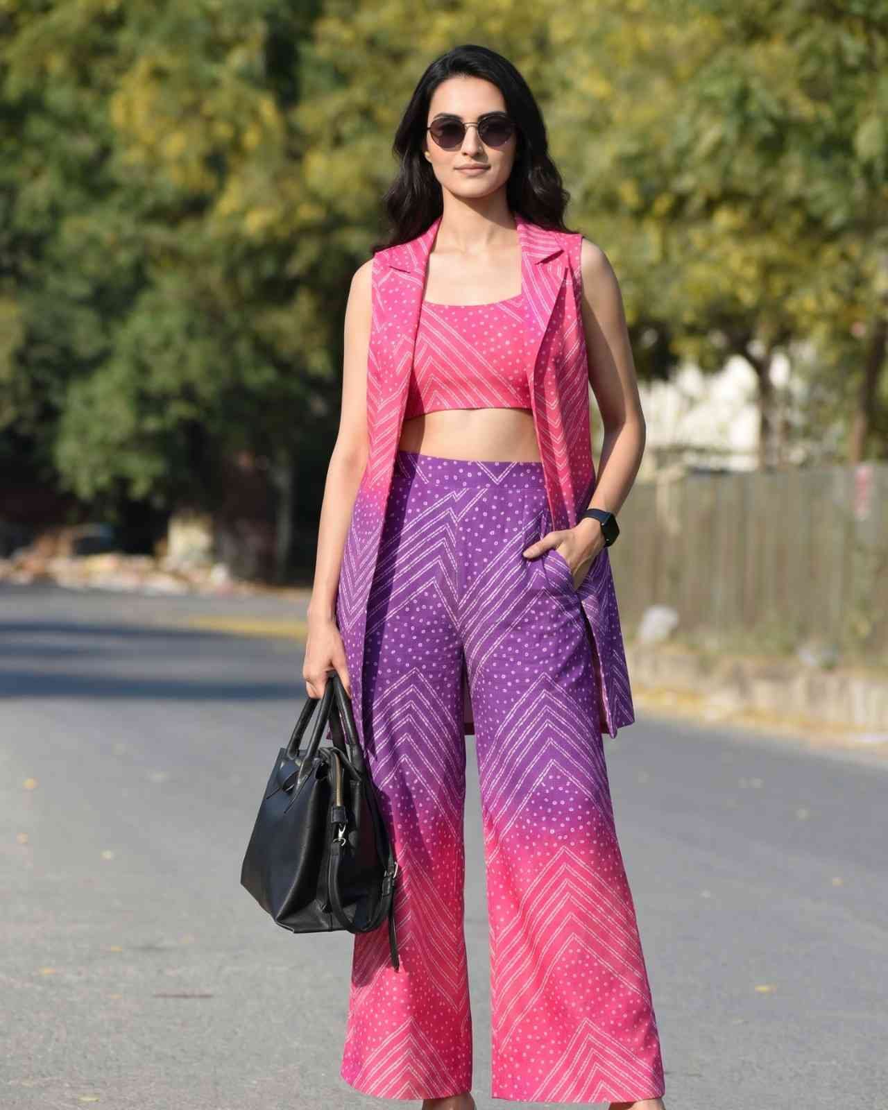 Trishika Vaidya wearing the three piece linen co ord set with a heavy canvas tote bag and tan slides by Uptownie for KapdeWali