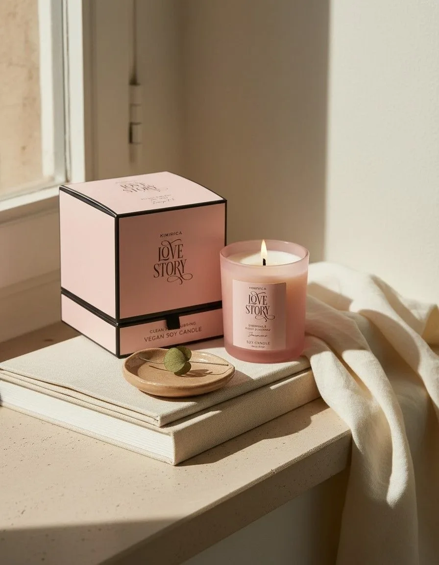 Evening workspace lit by the Kimirica Love Story candle Kimirica KapdeWali