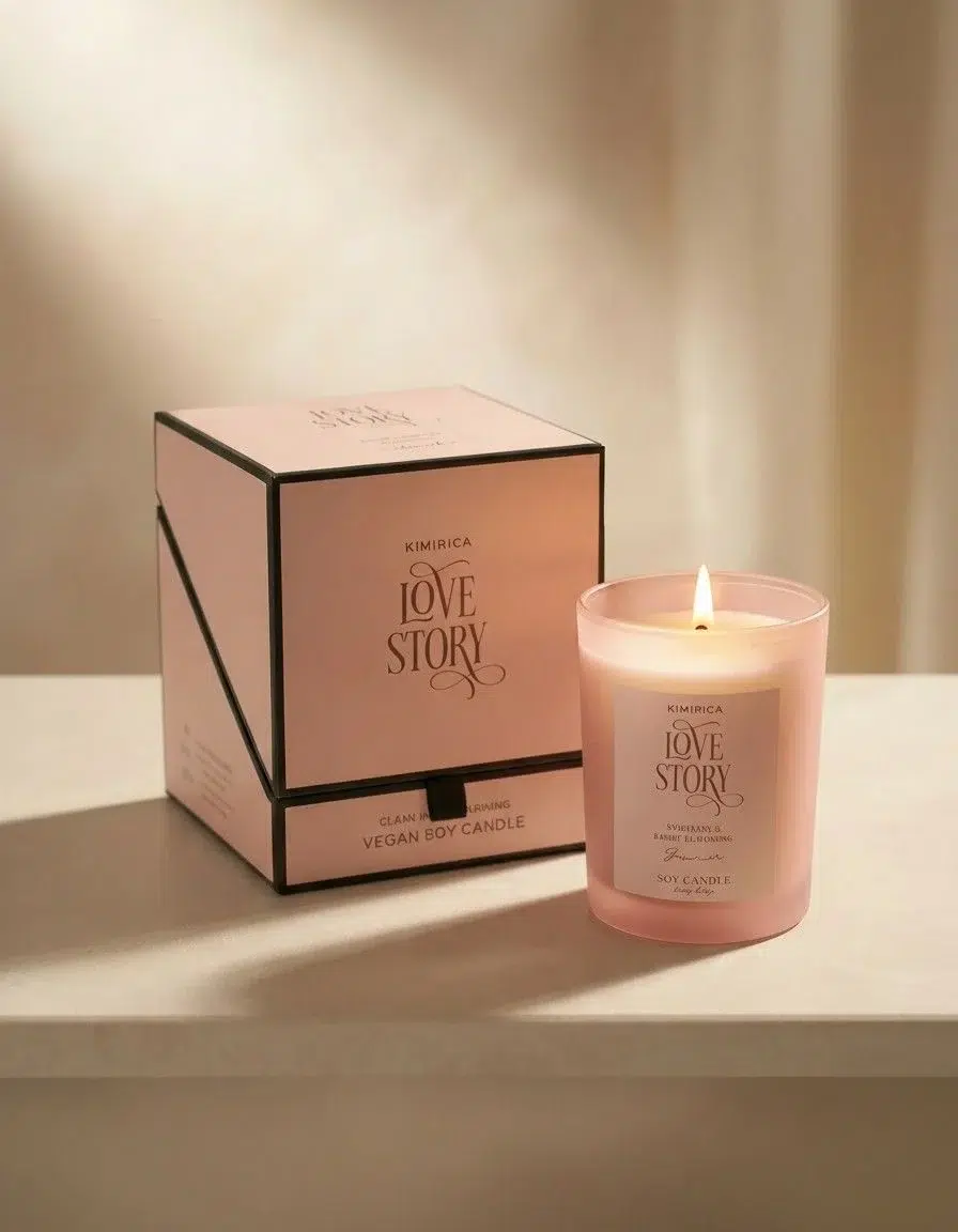 KIMIRICA Love Story luxury soy candle vignette with elegant packaging showing vegan soy wax by KapdeWali