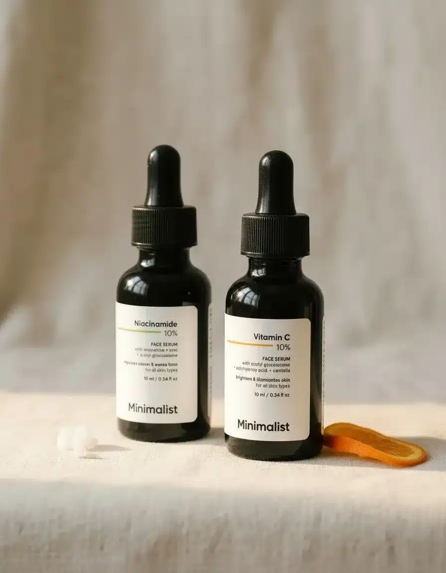 Minimalist vitamin c niacinamide serum set showing both 10ml bottles with clean labels by KapdeWali