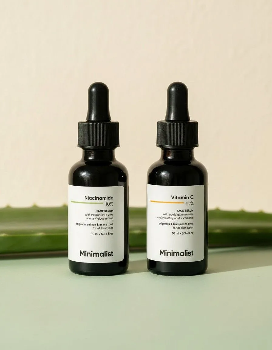 Two 10ml bottles of Vitamin C and Niacinamide serums complementing the linen co ord set by Minimalist for KapdeWali