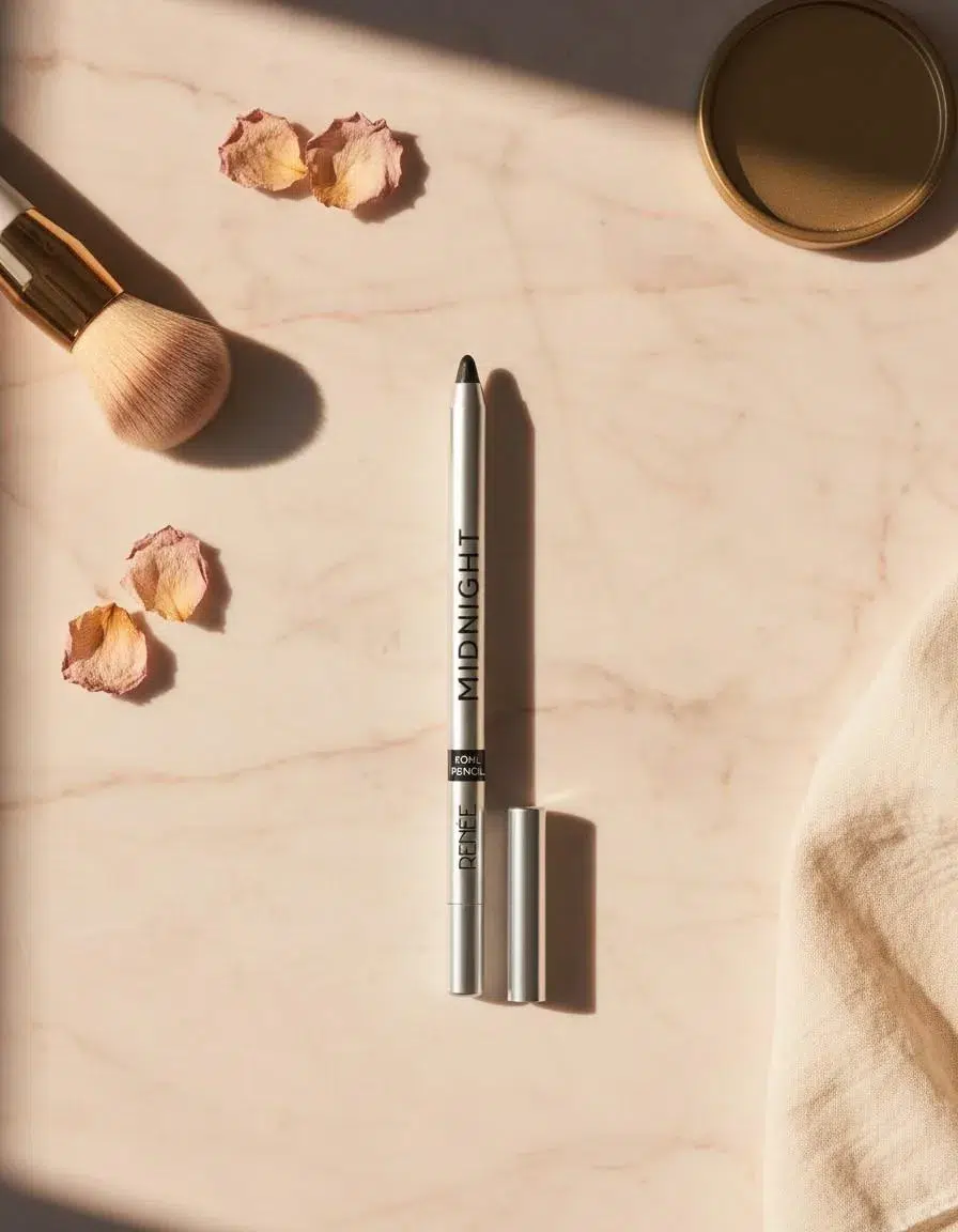RENEE Midnight Kohl review pencil flat lay on marble with rose petals RENÉE Cosmetics KapdeWali