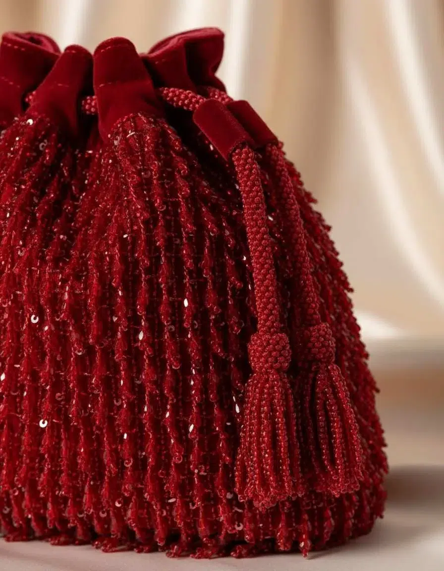 Beaded drawstring tassels and velvet wrist cord detail on The Tan Clan velvet potli clutch — velvet potli clutch — The Tan Clan — KapdeWali