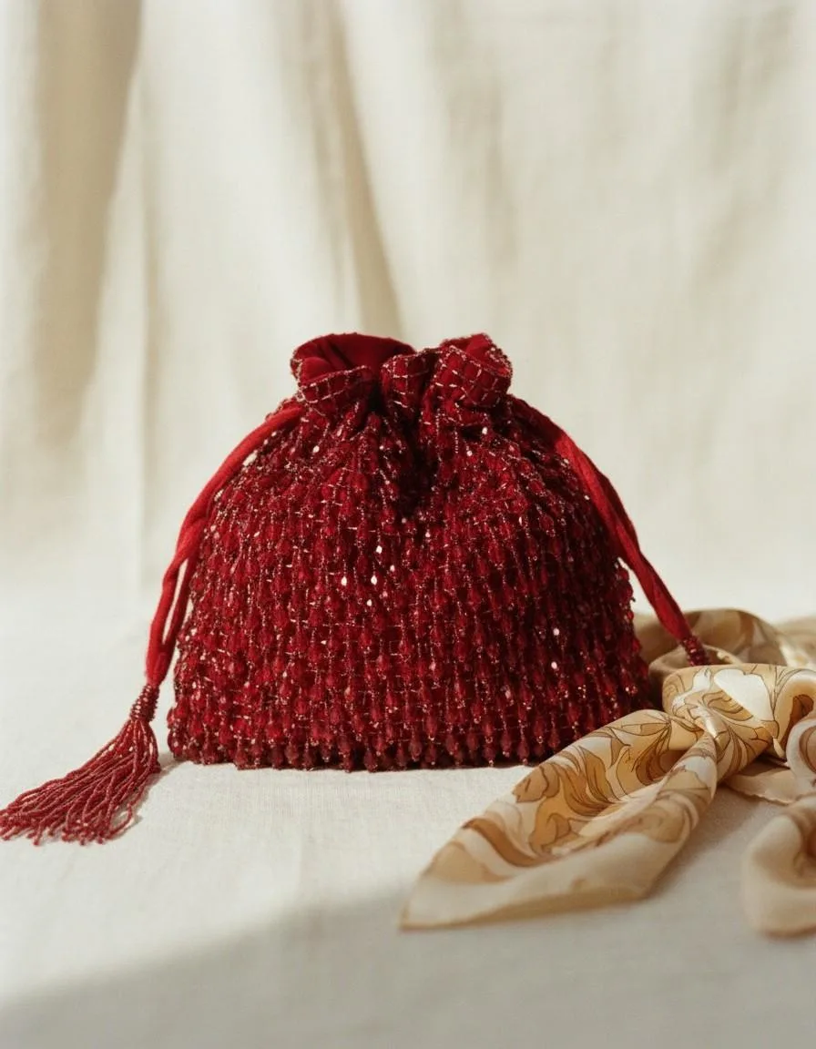 The Tan Clan velvet potli clutch in red with beaded tassels on neutral surface — velvet potli clutch — The Tan Clan — KapdeWali