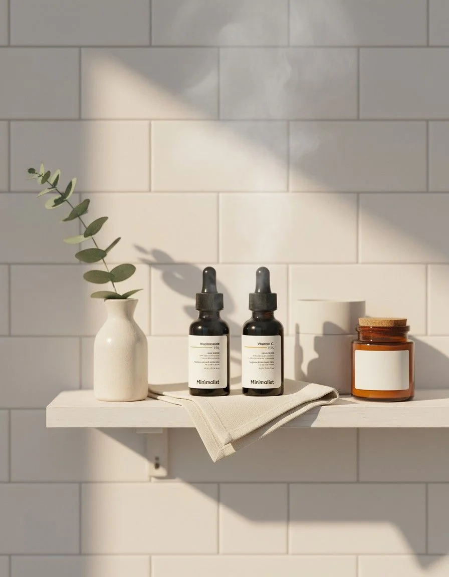 Minimalist serum bottles on bathroom counter minimalist serum combo Minimalist KapdeWali